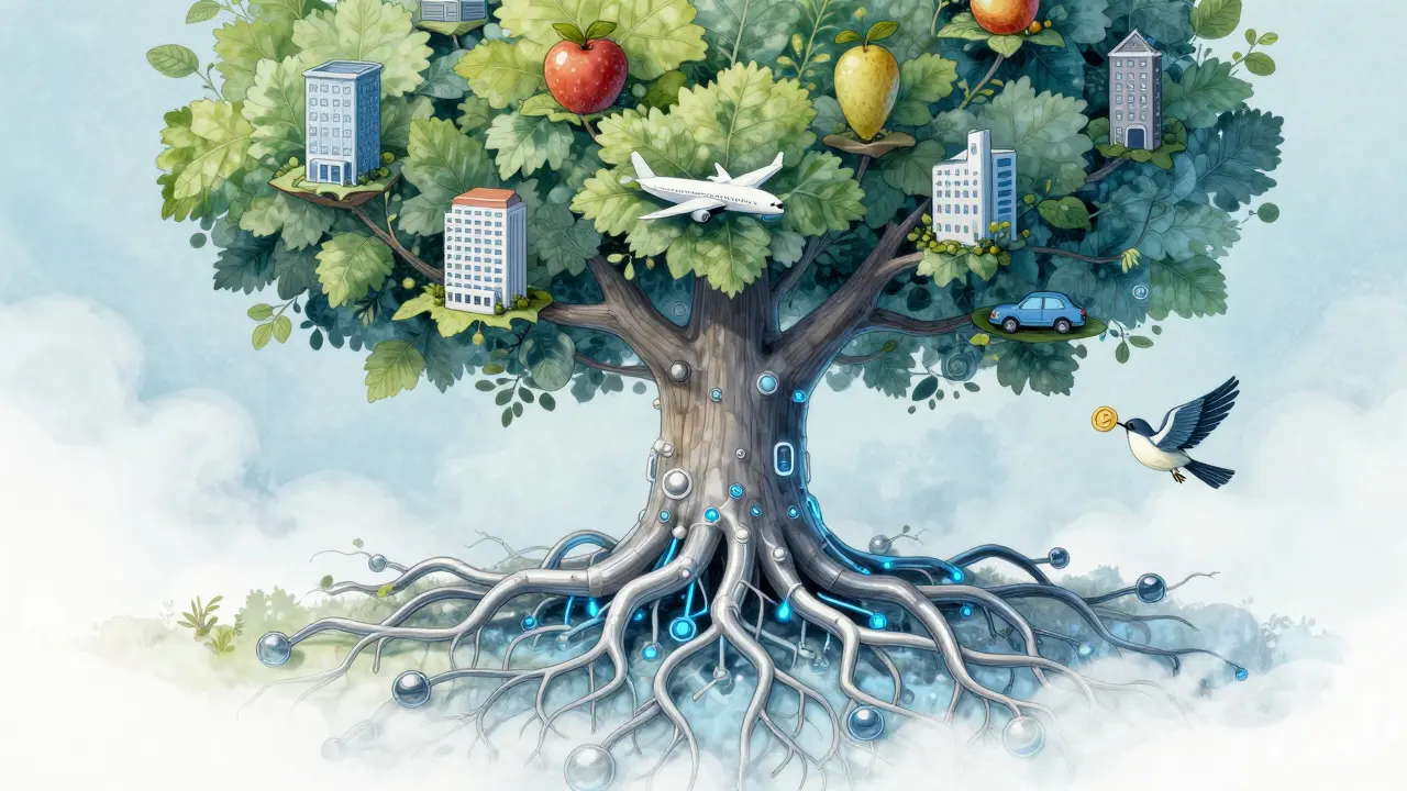 Baum mit Blockchain-Wurzeln und Früchten als Hotels und Flugzeuge