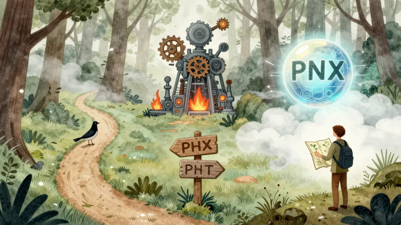 Drei verschiedene Wege im Wald, die Verwechslungsgefahr zwischen Krypto-Token zeigen.