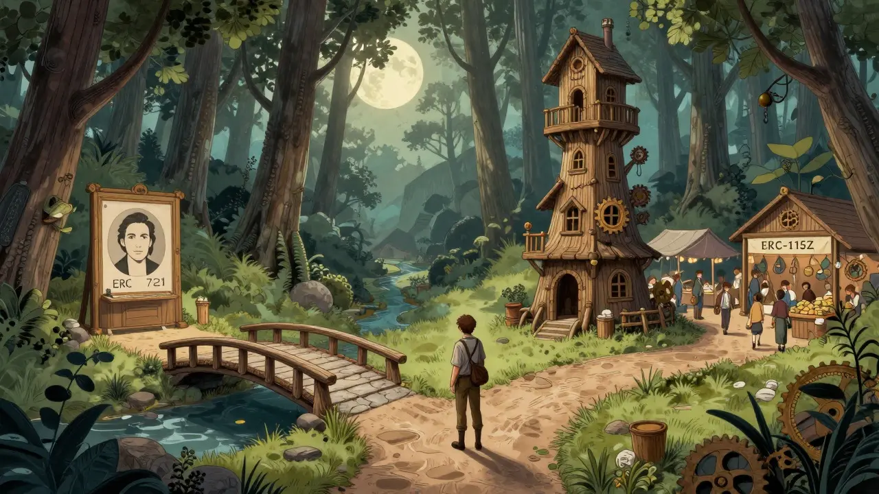 Eine Kreuzung im Fantasy-Wald zeigt zwei Pfade: Einfachheit vs. Komplexität