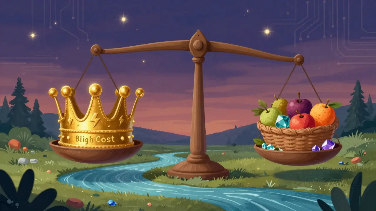 Eine Waage mit Krone und Obstkorb zeigt die Abwägung zwischen Kosten und Risiko beim Krypto-Mining