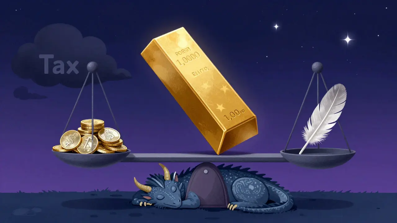 Eine Waage zeigt den Unterschied zwischen steuerpflichtigen und steuerfreien Krypto-Gewinnen.