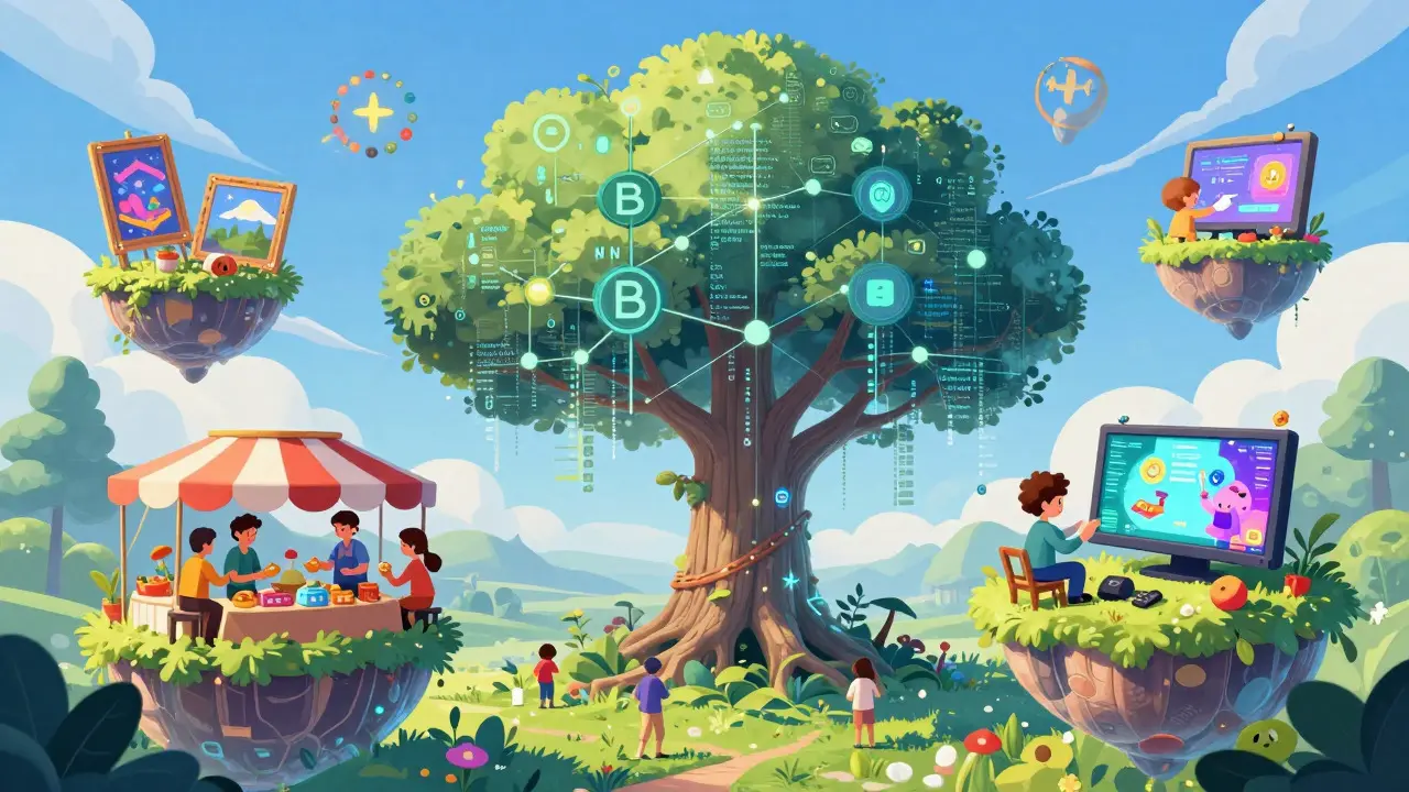 Fantasiestil: Ein digitales Ökosystem mit NFTs, Handel und Spielen auf einer Blockchain-Baumstruktur.