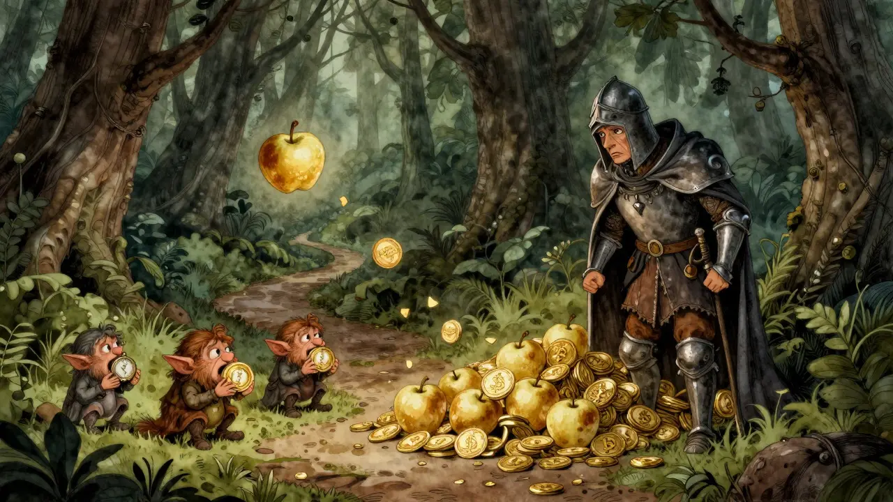 Gnome fressen Goldäpfel, die Krypto-Vermögen darstellen