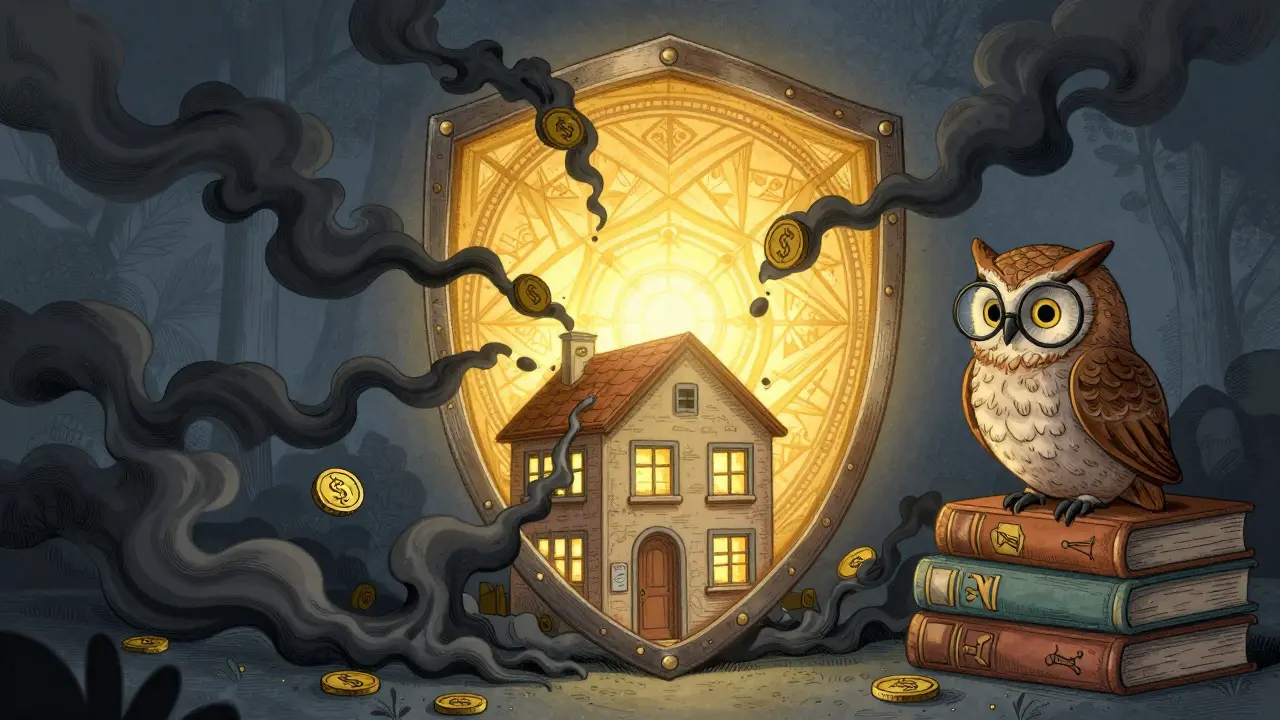 Goldener Schild schützt Büro vor dunklen Krypto-Symbolen und Rauch
