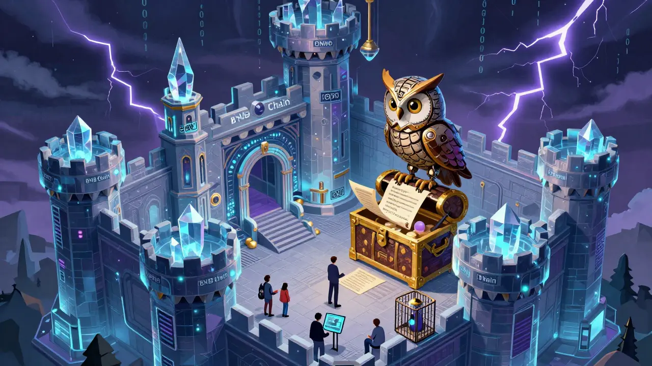 Hochtechnologische Burg auf der BNB-Blockchain mit KI-Eule
