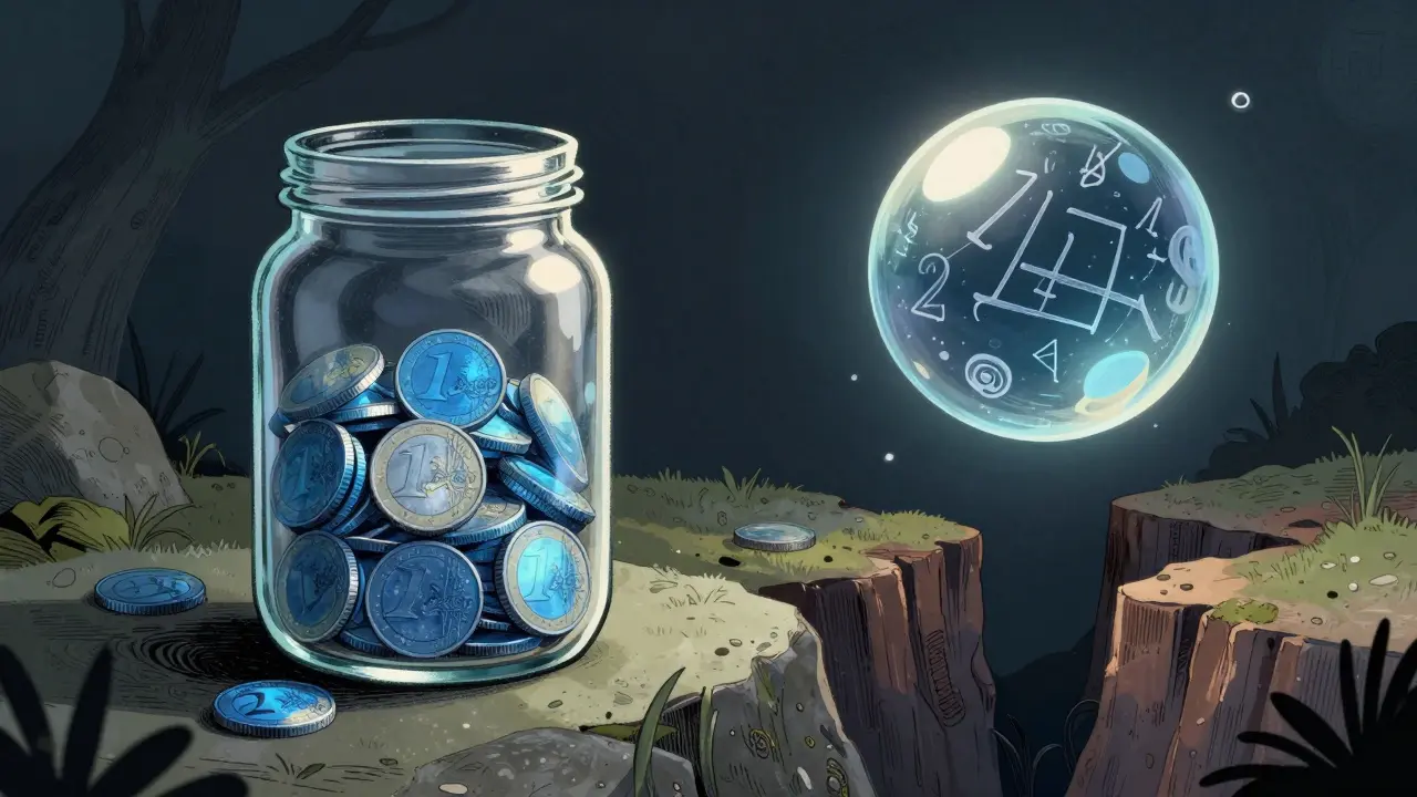 Illustration: Transparentes Glas mit Euro-Münzen neben zerbrechlicher Blase über Abgrund