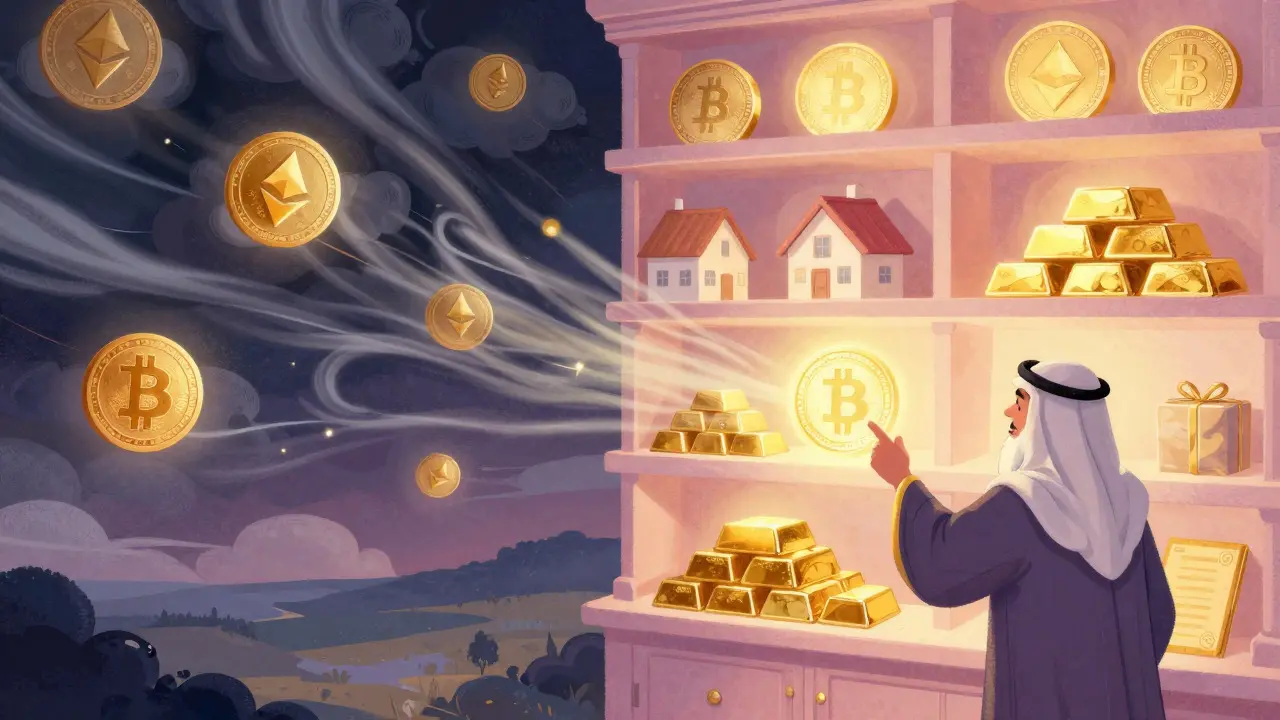 Illustration: Zauberer zeigt auf sichere Tokenisierte Assets, während Krypto-Wolken verwehen.