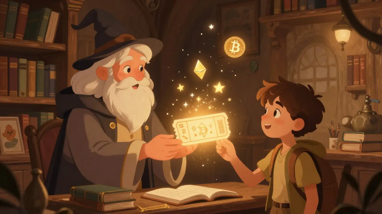 Magischer Bibliothekar übergibt einen leuchtenden Buchungsbeleg mit Krypto-Symbolen