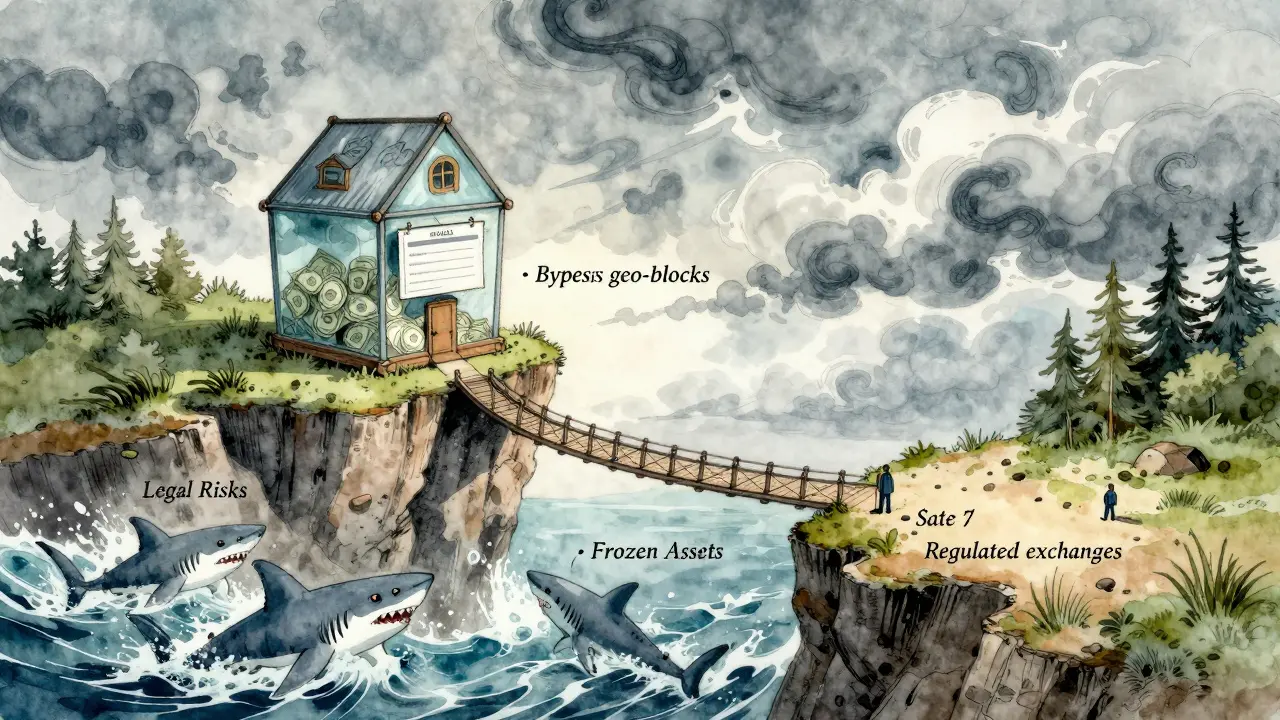 Märchenartiges Bild: Ein zerbrechliches Glashaus am Kliffrand über stürmischer See symbolisiert Risiken.