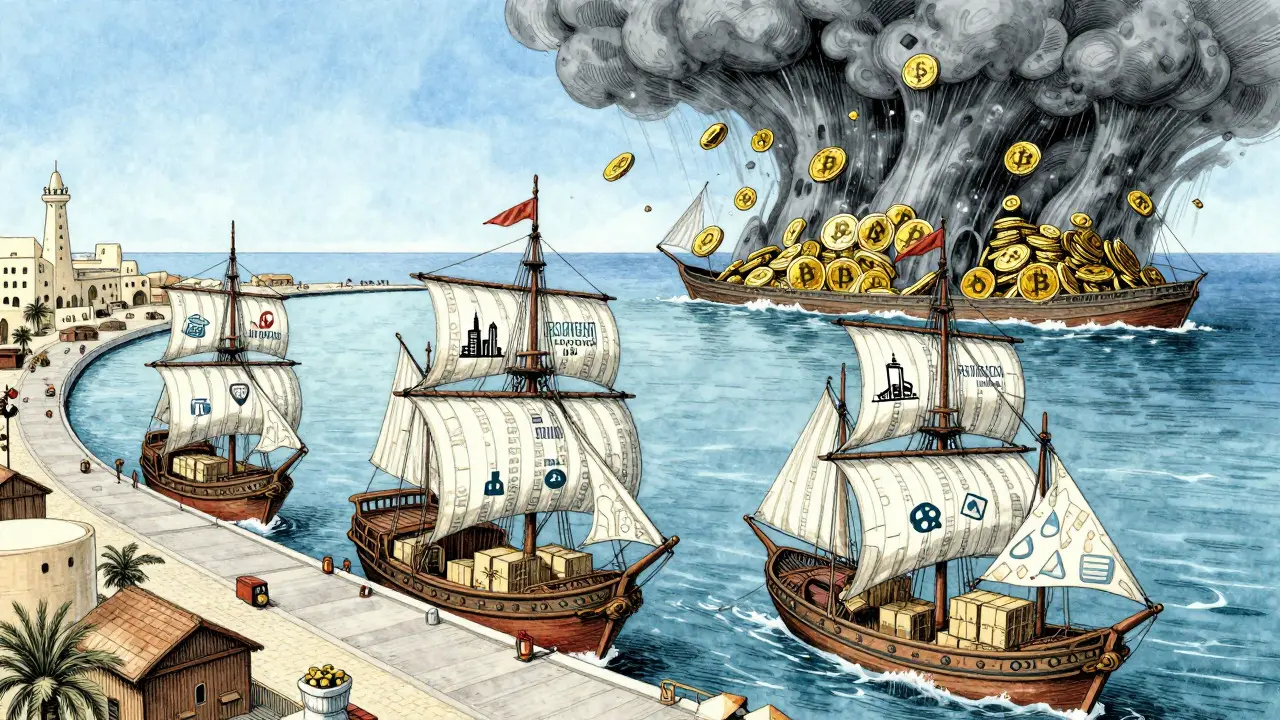 Märchenbild: Sicherer Hafen für tokenisierte Werte, wilde Krypto-Schiffe werden abgewehrt.