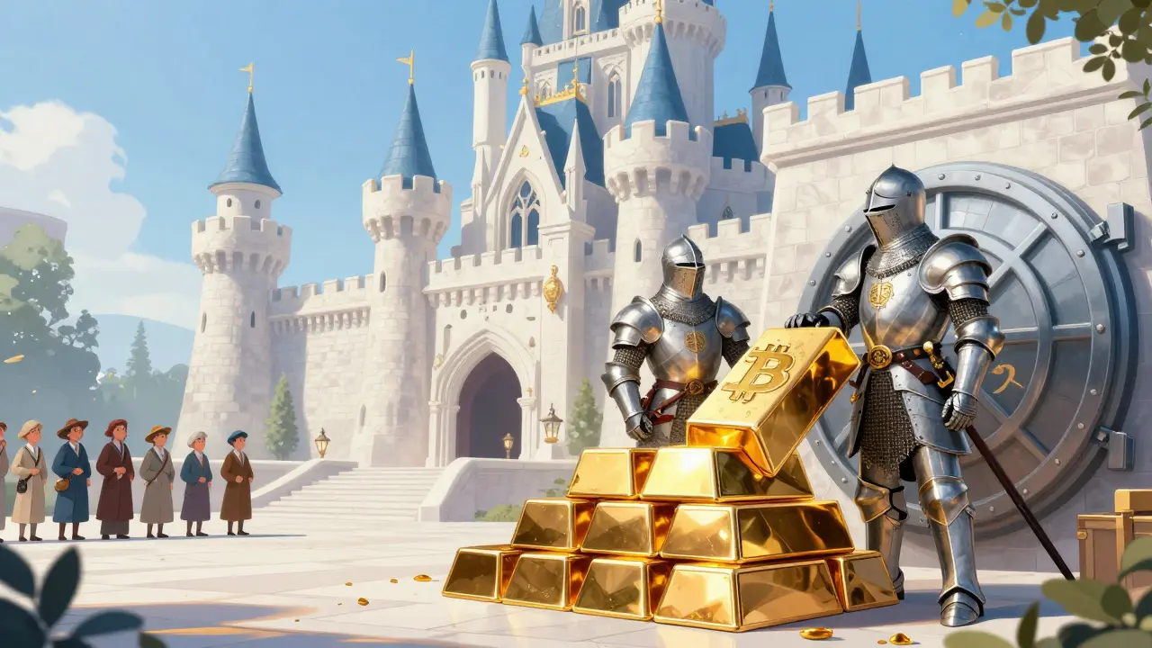 Märchenillustration: Ritter lagern Bitcoins in einem US-Schloss, Institutionen vs. Bürger