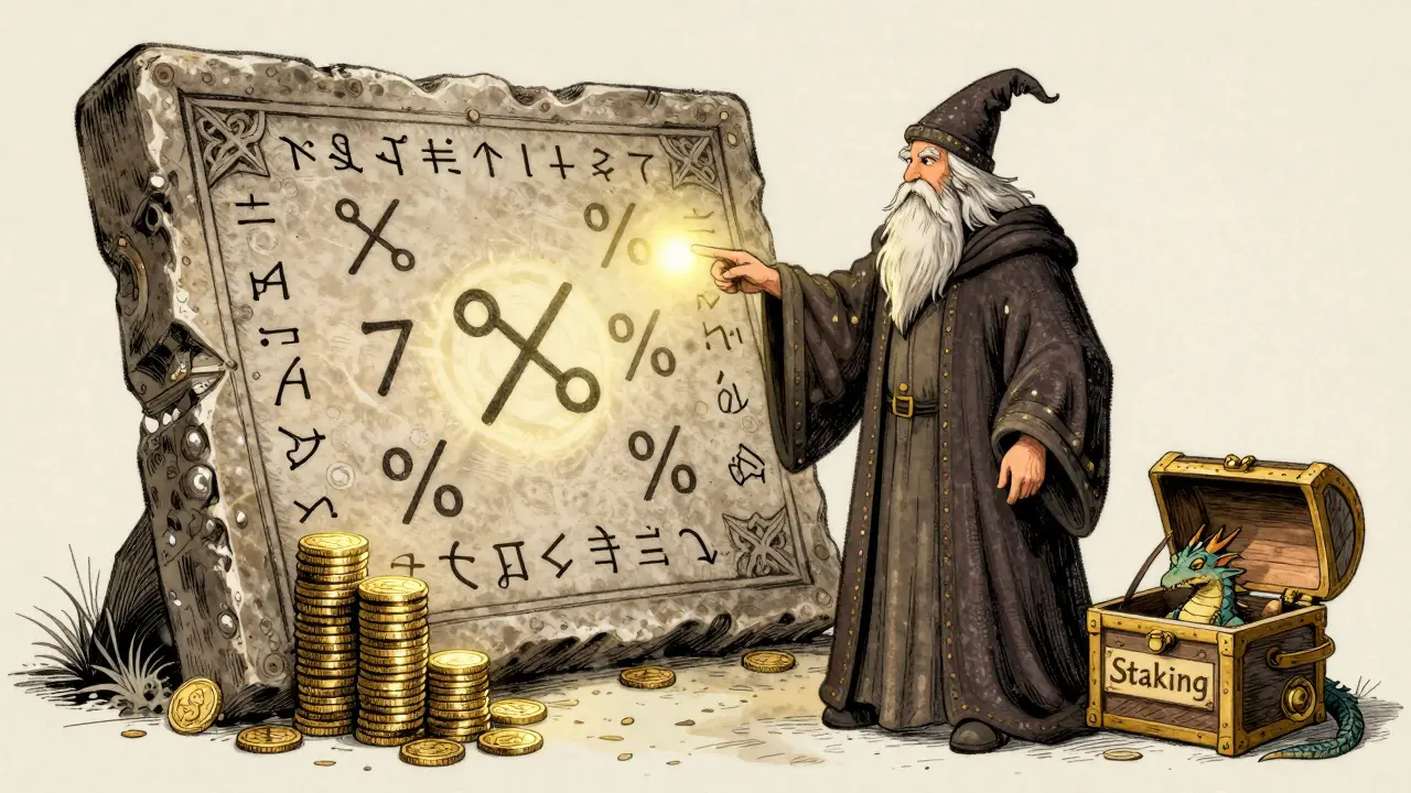 Weiser Zauberer erklärt Tokenomics an einer runenverzierten Tafel