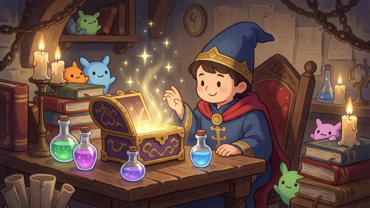 Alchemist bei einem Tisch mit glühender Schatztruhe und magischen Tränken im Buchillustrations-Stil.