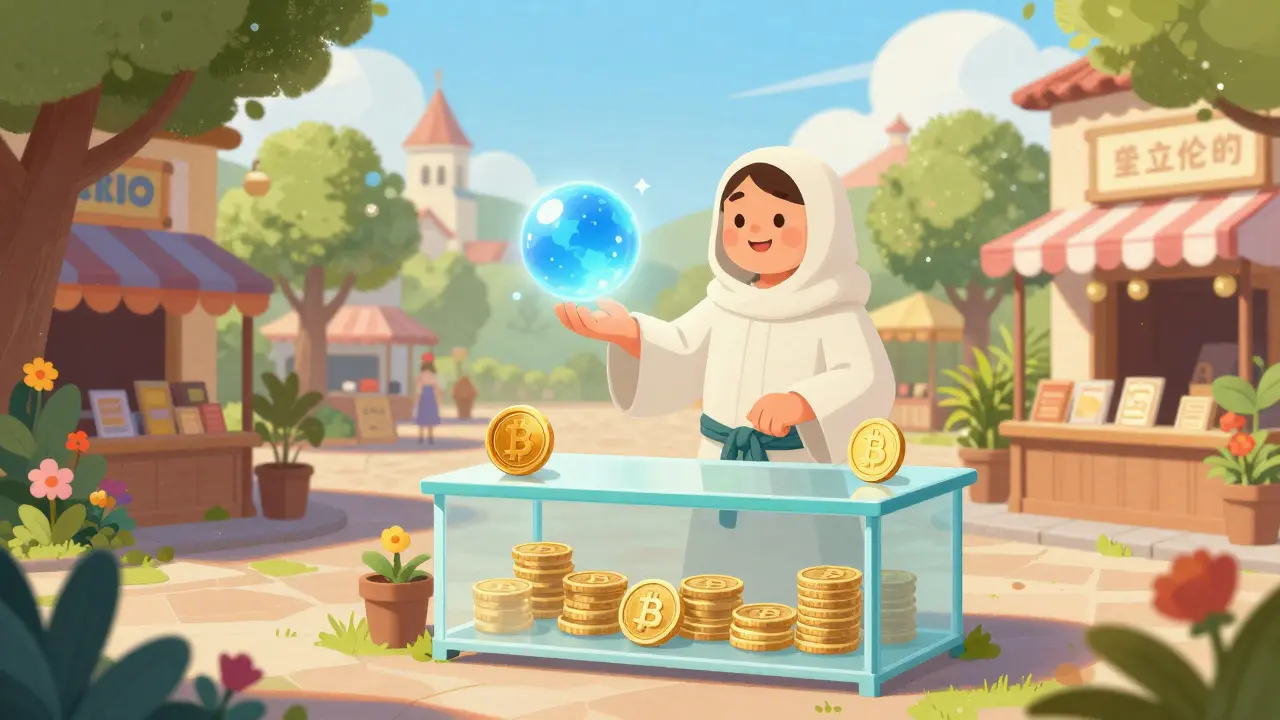 Bright illustration of a safe, legal peer-to-peer crypto exchange in a sunny plaza