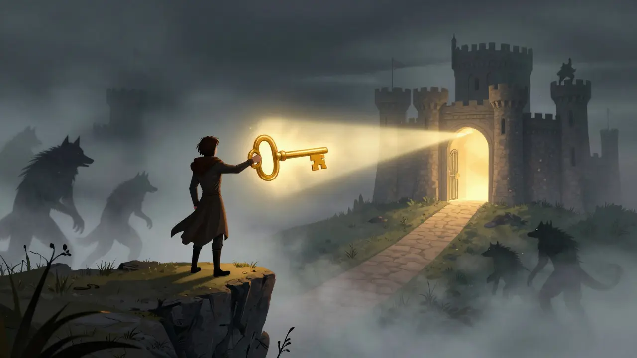 Charakter hält goldenen Schlüssel, der Weg zu einer Burg beleuchtet, Schatten im Nebel