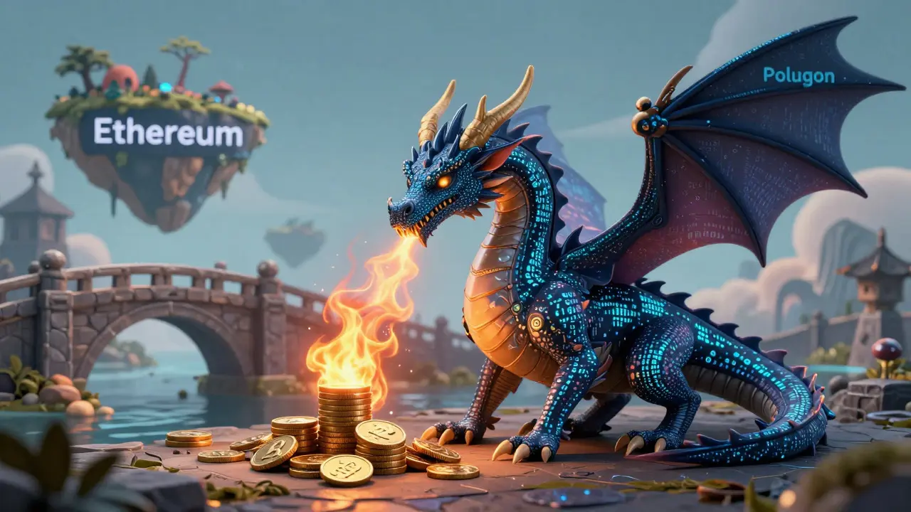 Digitaler Drache symbolisiert Transaktionsgebühren in der Krypto-Welt