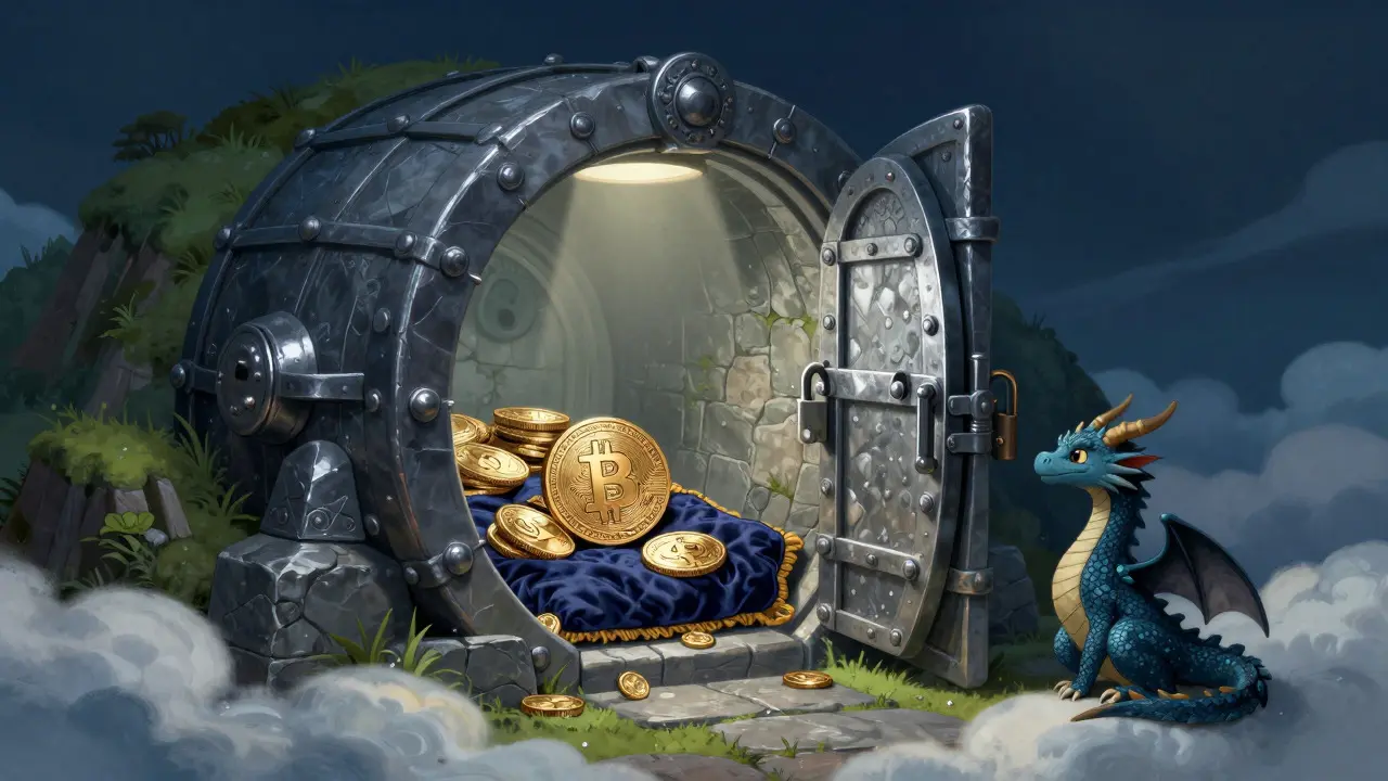 Drache bewacht sicheren Tresor mit Krypto-Münzen