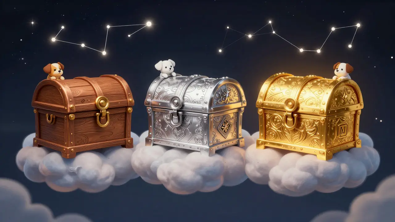 Drei schwebende Schatzkisten aus Bronze, Silber und Gold auf Wolken