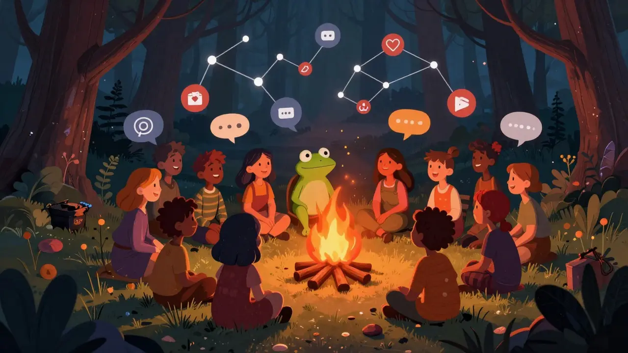 Eine Gemeinschaft um ein Lagerfeuer mit dem Daumenfrosch als Maskottchen im Wald