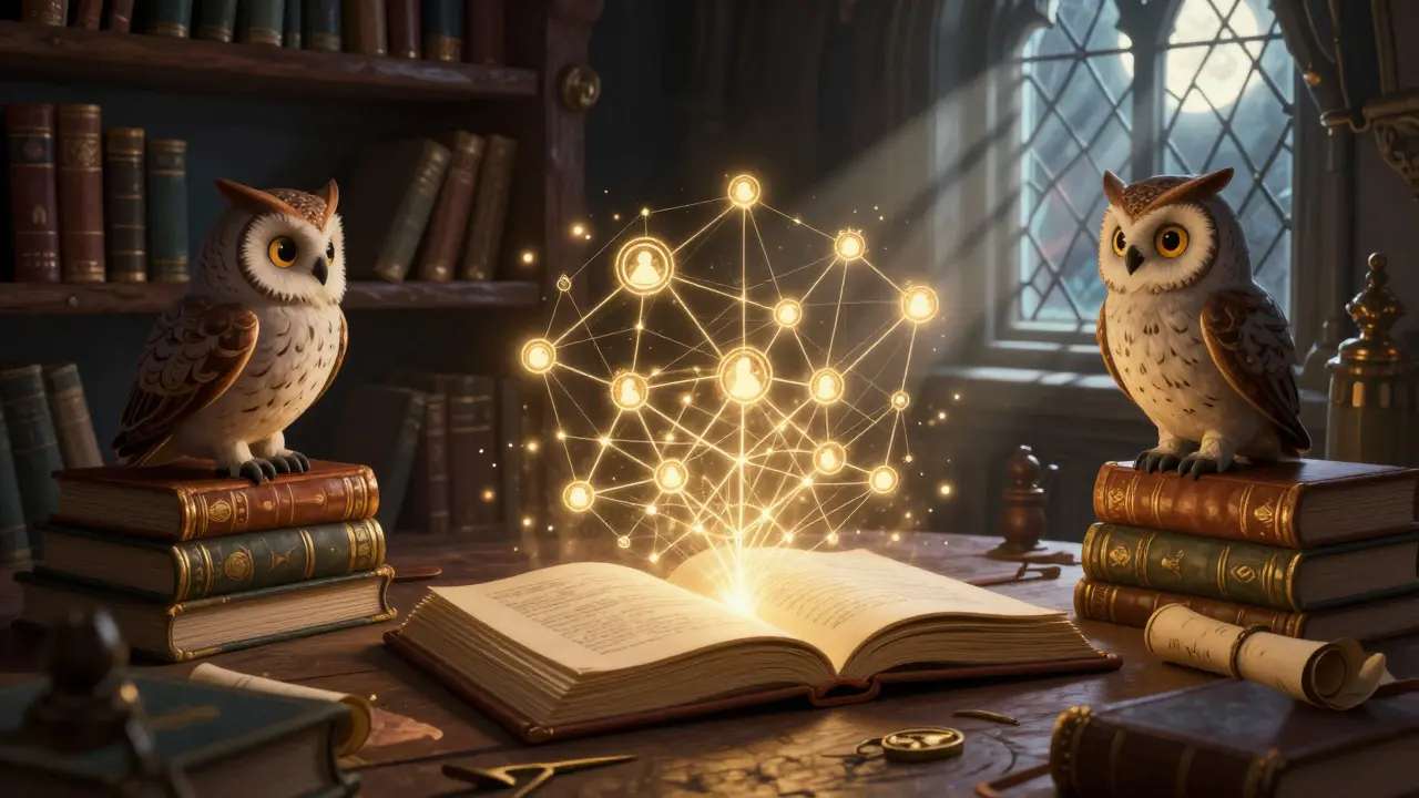 Eine magische Hologramm-Projektion einer Blockchain-Karte in einem alten Bibliotheksraum.