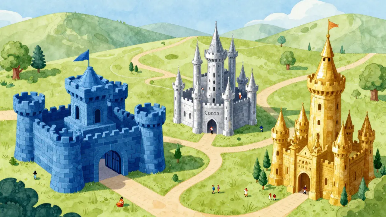 Fantastische Landschaft mit drei verschiedenen Burgen, die verschiedene Blockchain-Plattformen symbolisieren