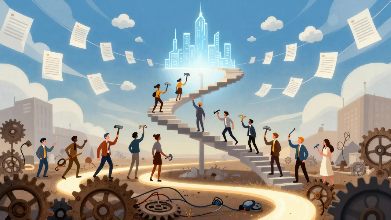 Figuren bauen eine Treppe zu einer digitalen Stadt im Himmel, während alte Systeme modernisiert werden