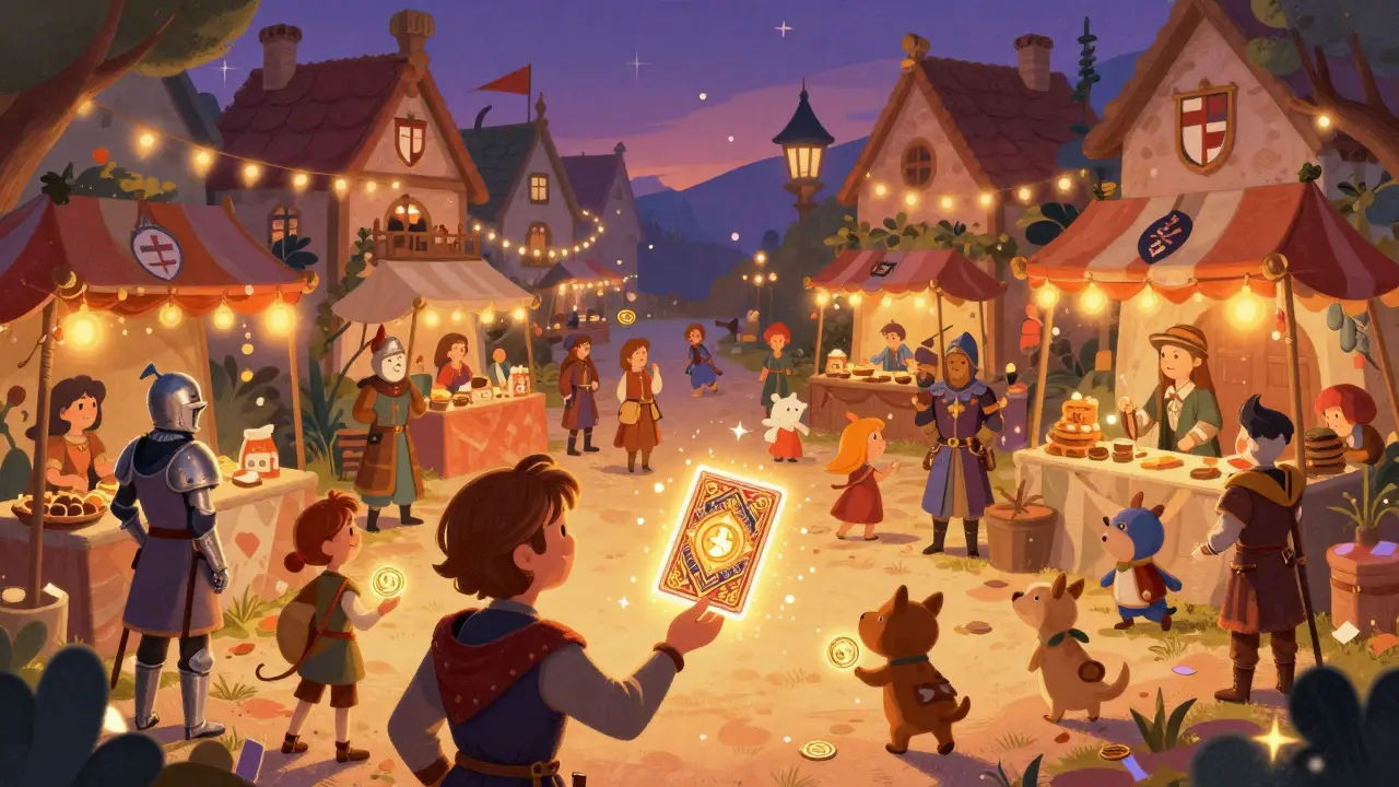 Figuren tauschen magische Token und Karten auf einem belebten Fantasy-Marktplatz.
