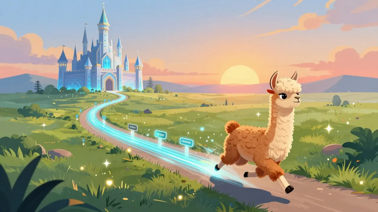 Illustration of a llama running along a digital path towards a light castle