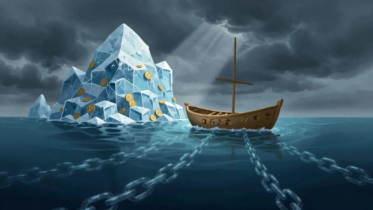 Kleines Boot im digitalen Ozean mit Eisklötzen und Ketten unter dem Wasser