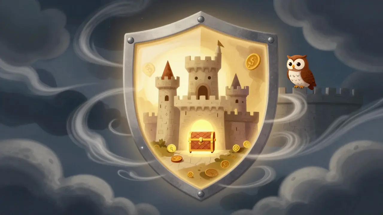 Magical shield protecting a castle of digital assets from chaotic external risks