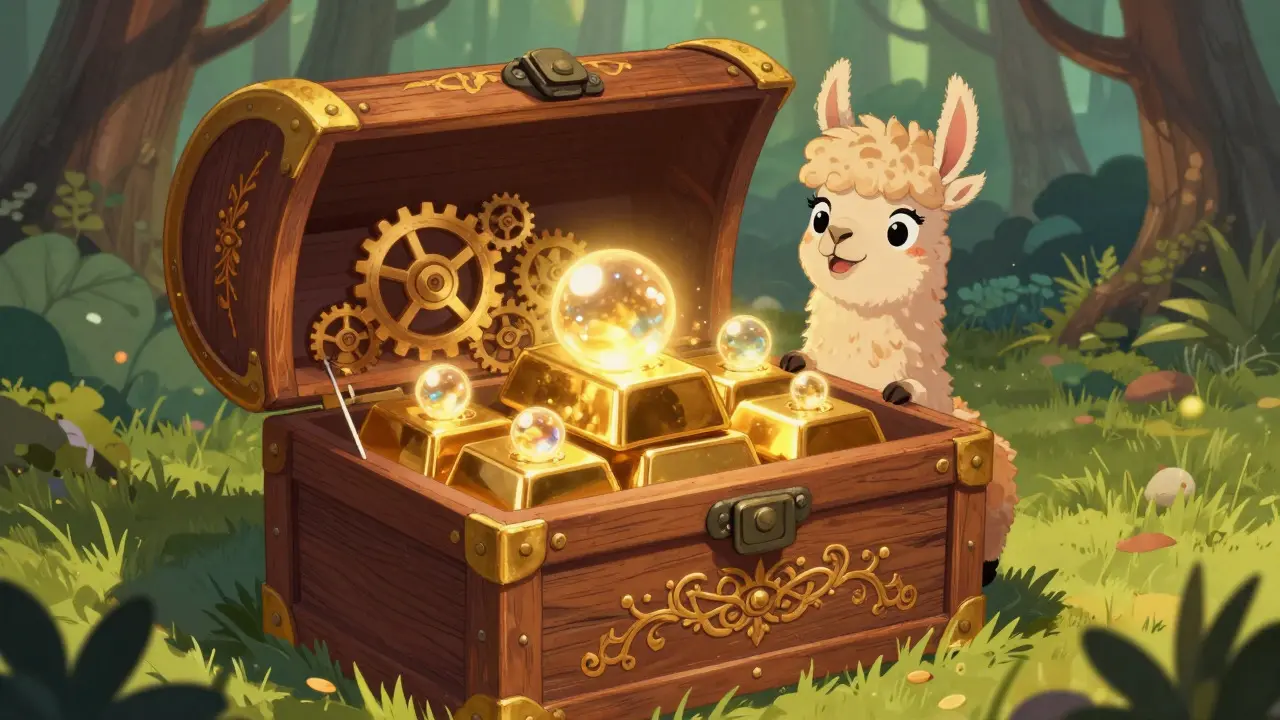 Storybook art of a llama inspecting a magical chest full of glowing orbs