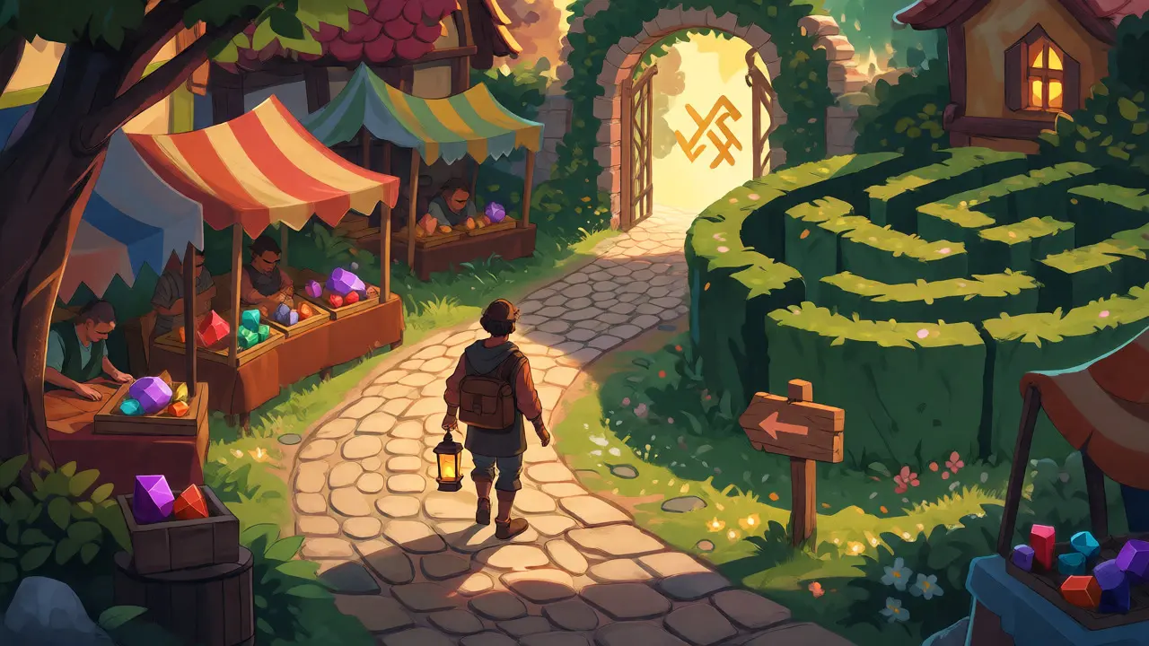 Ein Reisender wählt den einfachen Weg durch einen Fantasy-Markt statt eines Labyrinths.