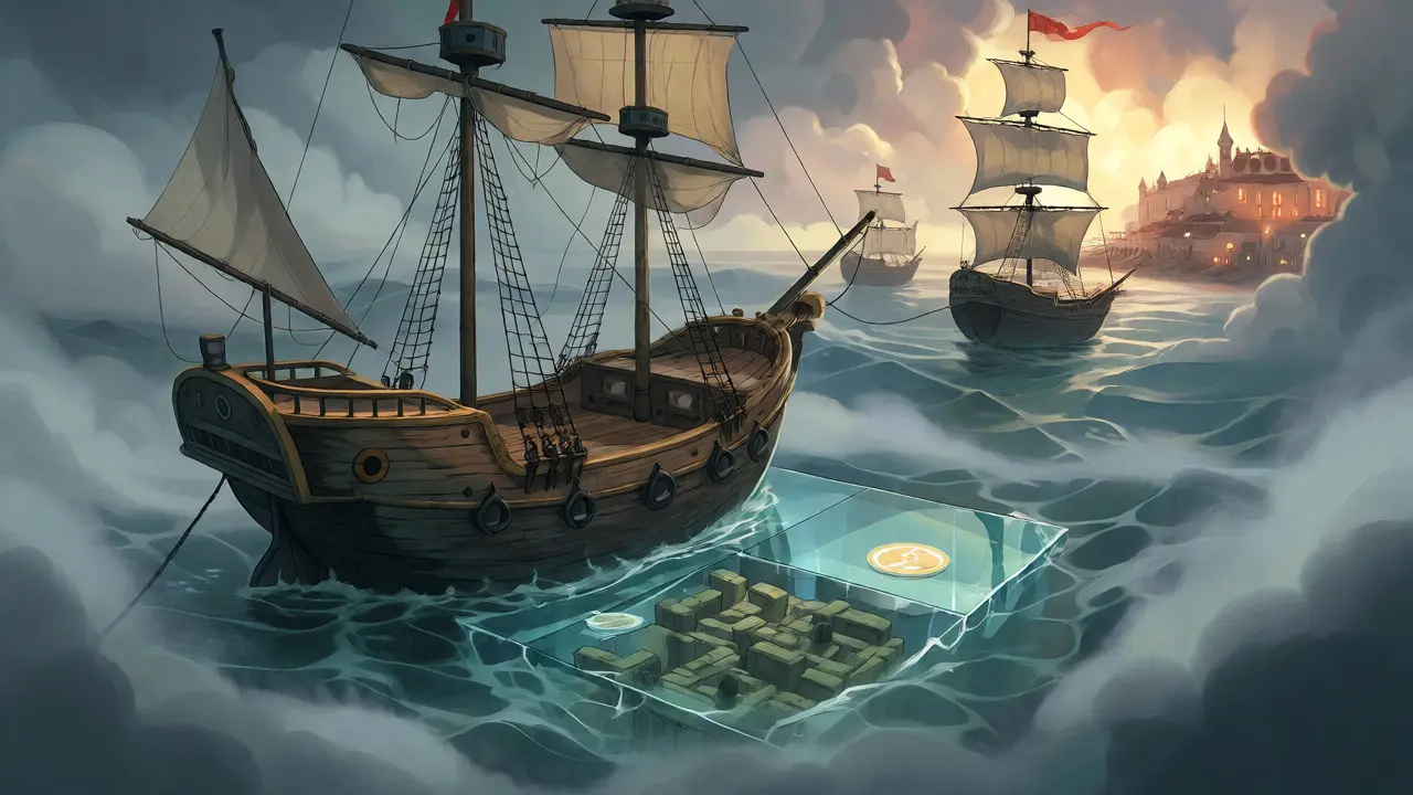 Ein Schiff gefangen im Glasmeer neben einer Stadt