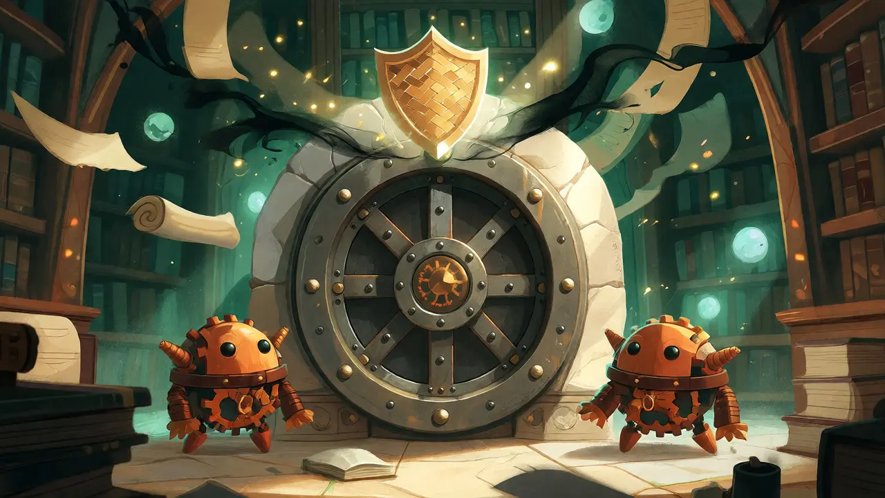 Ein sicherer Tresor in einer mystischen Bibliothek, bewacht von kleinen Golems.