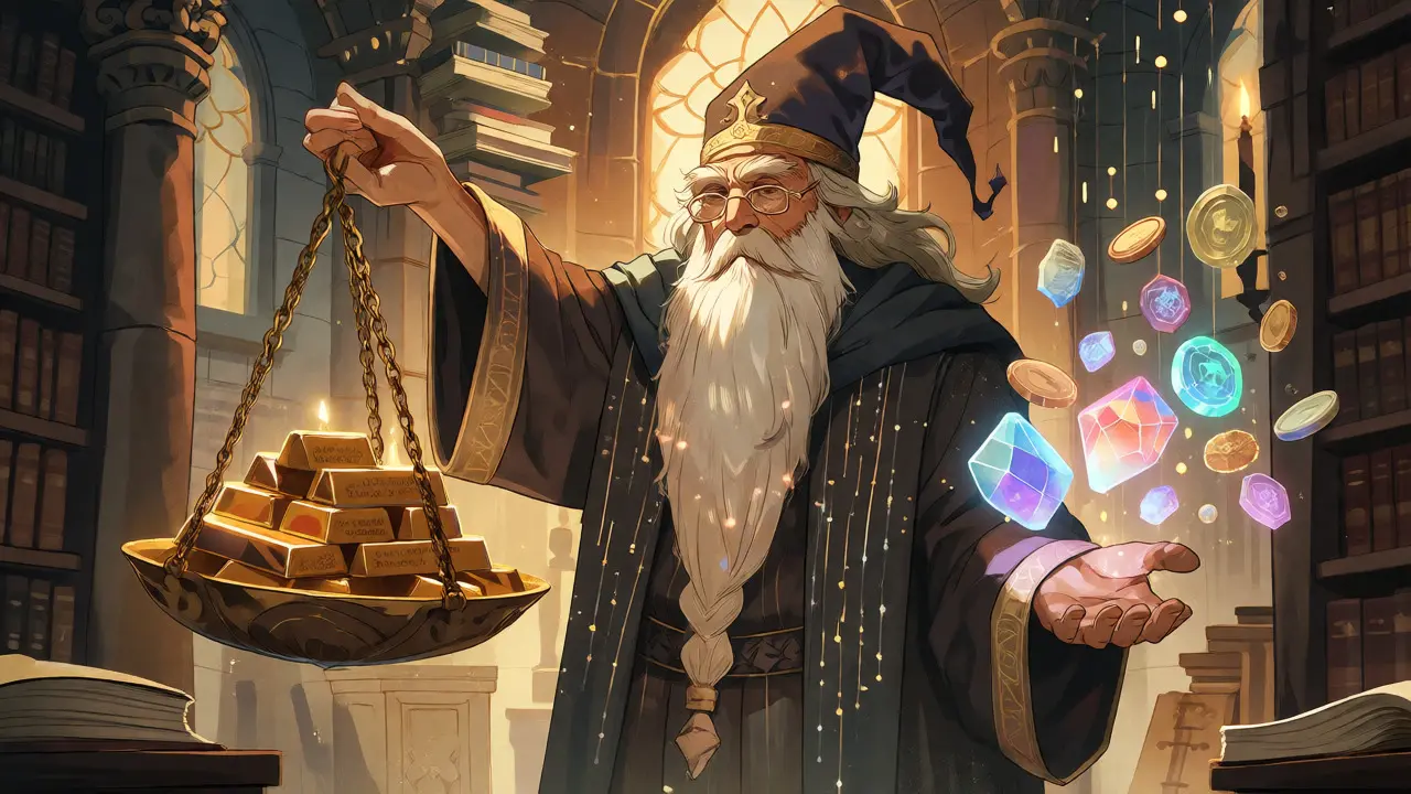 Ein Zauberer wiegt physisches Gold gegen virtuelle Krypto-Edelsteine auf einer Waage.
