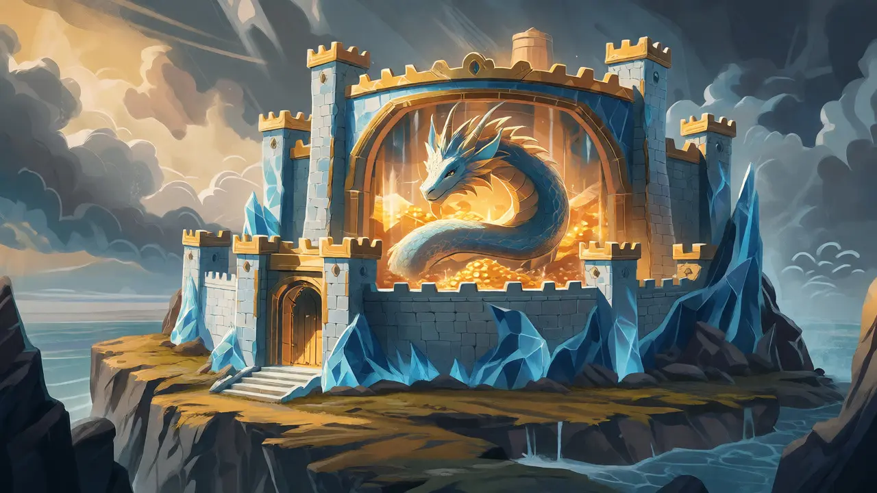 Eine befestigte Festung auf einer Klippe mit einem Drachen, der einen Schatz im Inneren bewacht.