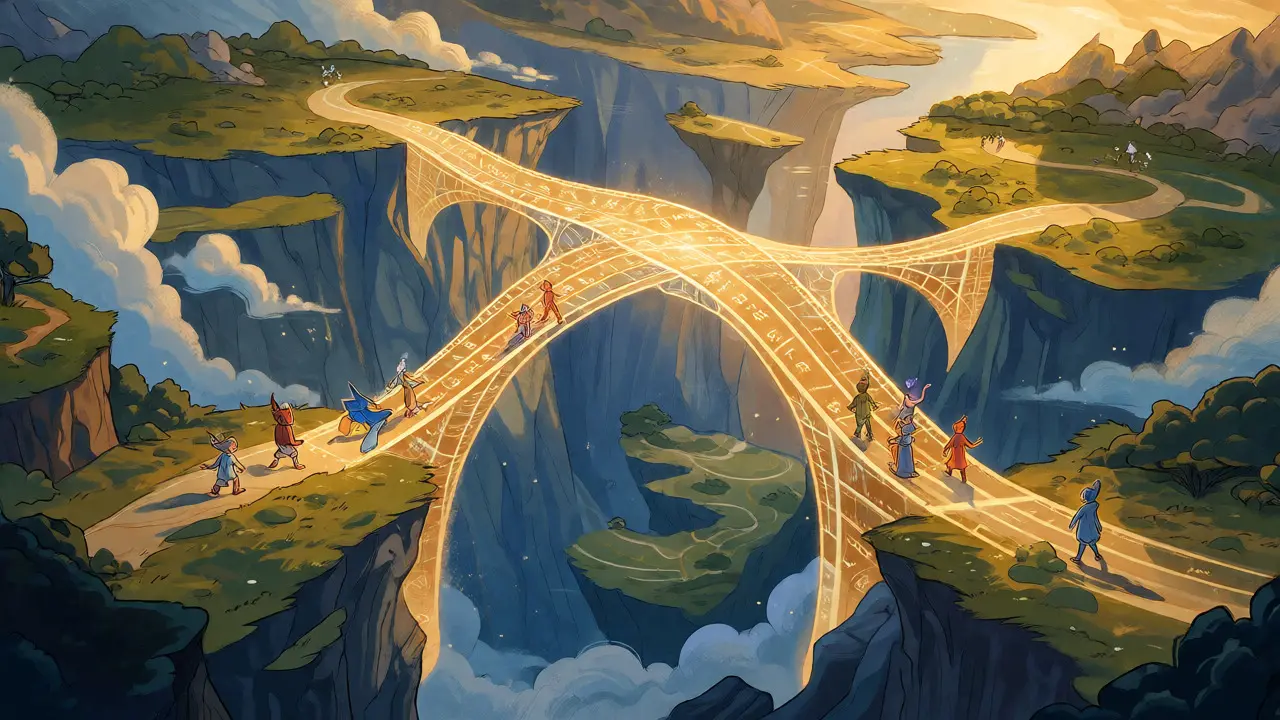 Eine leuchtende Brücke verbindet verschiedene Blockchain-Reiche