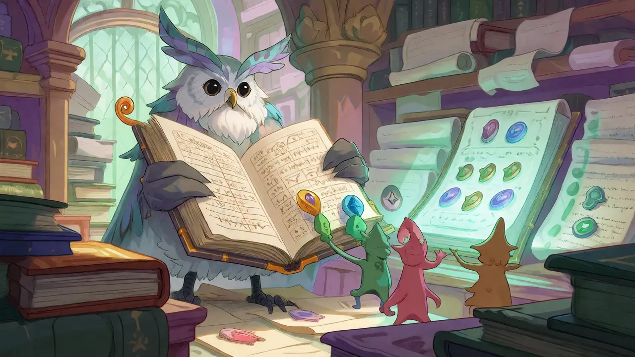 Eine magische Bibliotheksszene mit einem Eulen-Hüter und Nutzern, die Aufgaben erfüllen.