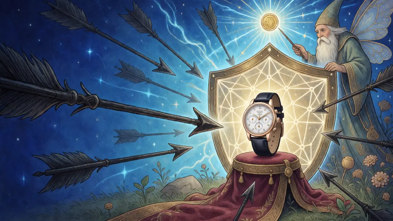 Eine magische, goldene Blockchain-Schild schützt eine Schweizer Uhr vor dunklen Pfeilen der Fälschung.