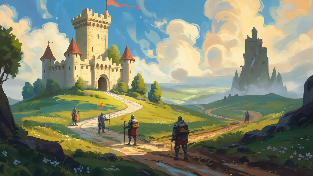 Reisende wählen den sicheren Weg zu einer beleuchteten Burg statt zum riskanten Turm.