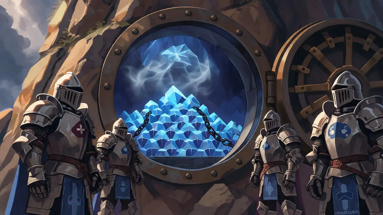 Ritter bewachen einen Tresor mit Kristallen hinter einer Eiskuppel als Sicherheitsmetapher