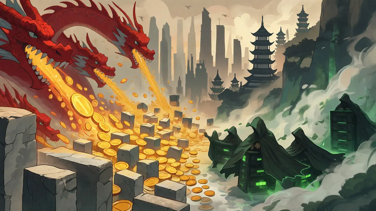 Symbolic illustration of state authority blocking crypto miners with dragon imagery and stone seals.