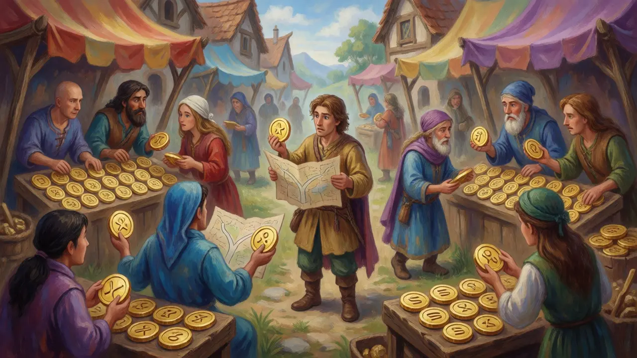 Verwirrter Händler vergleicht verschiedene DICKBUTT-Token-Varianten auf einem Fantasy-Markt.