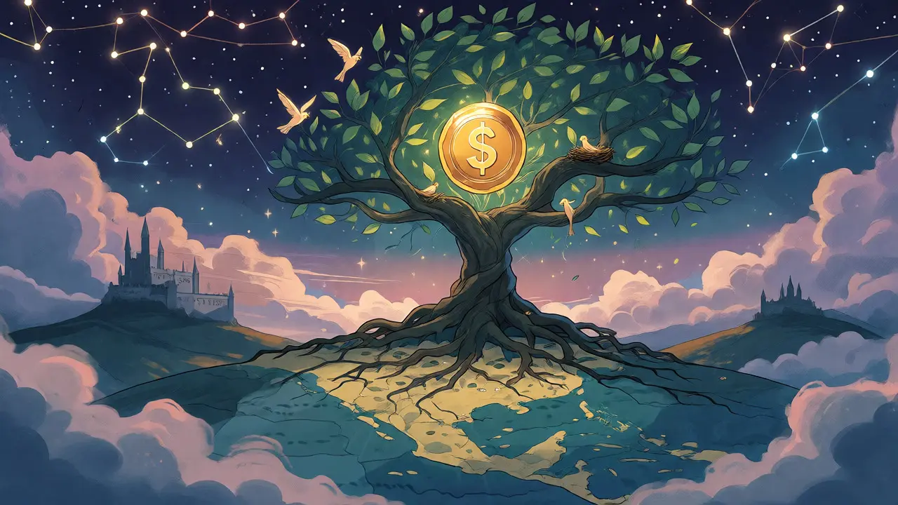 Wachsender Baum mit goldenen Token-Früchten unter Sternenhimmel
