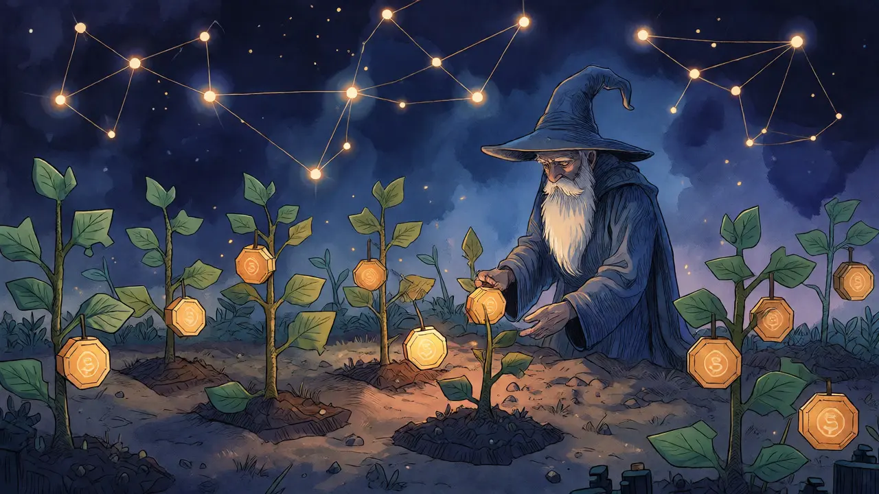 Weiser figur pflegt garten mit voxel-pflanzen die sand-token-früchte tragen bei nacht
