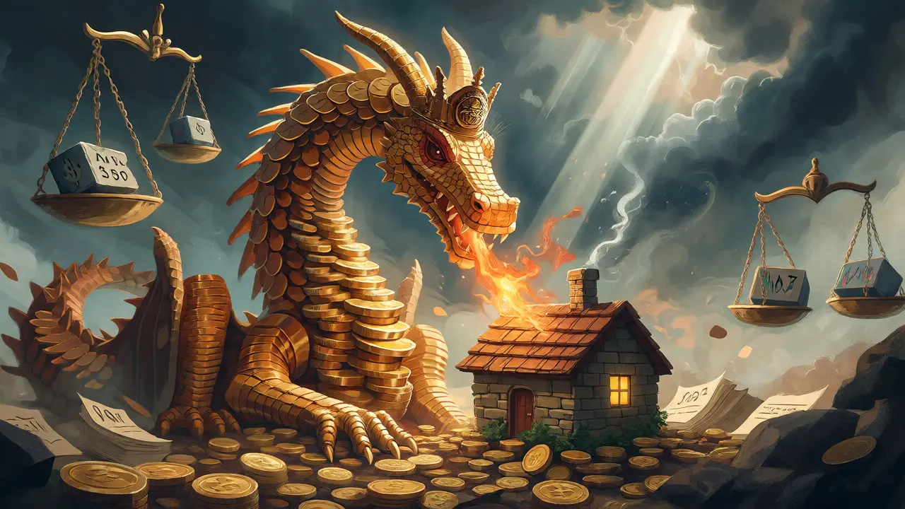 Drache aus Goldmünzen bedroht Haus, Symbol für Steuerstrafen im Märchenstil