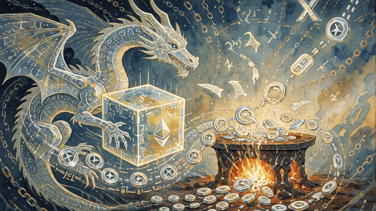 Drache aus Licht und Code verbrennt Tokens in einem magischen Ofen zur Deflation