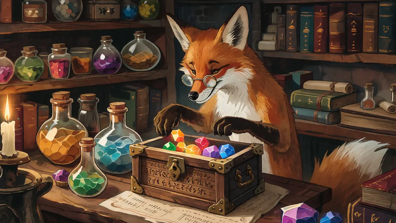 Ein Fuchs-Alchemist füllt einen Truhe mit Edelsteinen in einer gemütlichen Werkstatt.