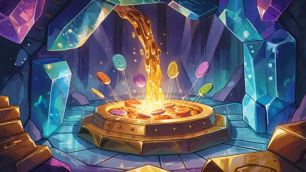 Ein kristallener Tresor sichert digitale Münzen durch einen Fluss aus Gold-Tokens.