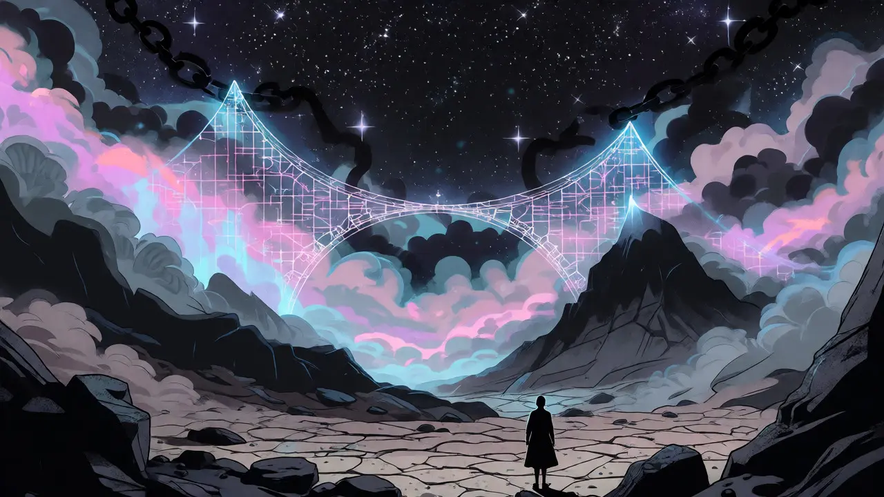 Eine einsame Figur steht in einer trockenen Landschaft unter einer Brücke aus digitalem Licht.